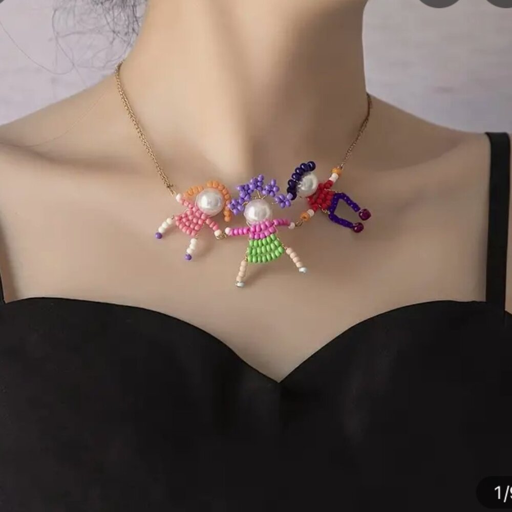 Handmade Beaded 3 Children On A Golden Necklace Whimsical and Fun Multicolored